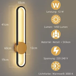 Applique murale LED NETTLIFE - 12 W - Lampe d'escalier 60 cm - Doré - Design moderne - Blanc chaud 3 000 K - Éclairage mural