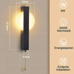 Applique murale LED Nettlife avec interrupteur - Lampe de couloir d'intérieur noire avec interrupteur à tirette