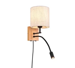 Applique murale LED 1xE27 max. 28W + liseuse 3,1W - Bois naturel et tissu blanc - Trio - Nilam