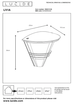 Applique murale LIVIA en aluminium avec 1xE27 - Noir - Lucide