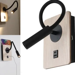 Applique murale noir et bois avec faisceau flexible 3W port USB et Type C interrupteur avec puces CREE.