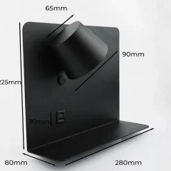 Applique murale orientable LED 6W avec USB et Type-C, CCT 2700,4000,6000K, interrupteur et plateau, métal noir, spot gauche