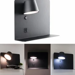 Applique murale orientable LED 6W avec USB et Type-C, CCT 2700,4000,6000K, interrupteur et plateau, métal noir, spot gauche