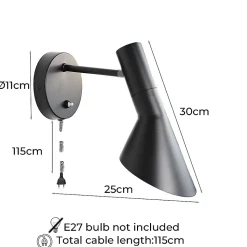 Applique Murale Pivotante avec Câble Prise et Interrupteur Oslo - Design Contemporain et Élégant E27 Métal Noir