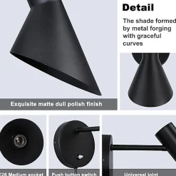 Applique Murale Pivotante avec Câble Prise et Interrupteur Oslo - Design Contemporain et Élégant E27 Métal Noir