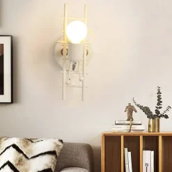 Applique murale Poupée Échelle avec détail en bois et aluminium blanc - Douille E27 lumière vers le haut pour couloir ch