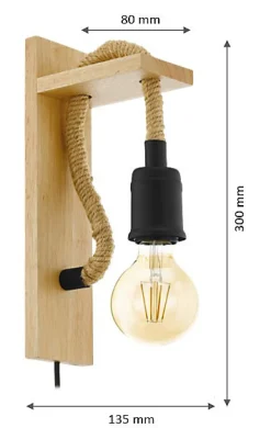 Applique murale Rampside E27 IP20 40W L.13,5xl.8xH.30cm bois Eglo
