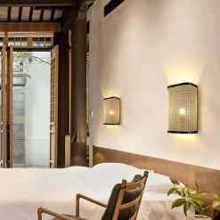 Applique Murale Rectangulaire en Rotin LAVANDA pour Salon et Chambre Style Rustique Douille E27