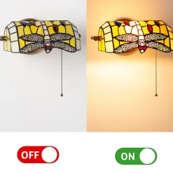 Applique murale rétro en verre style tiffany libellule en cristal mosaïque jaune avec support en laiton, E27