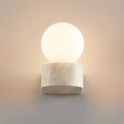 Applique murale sphérique en verre blanc sur socle en pierre - Oriane