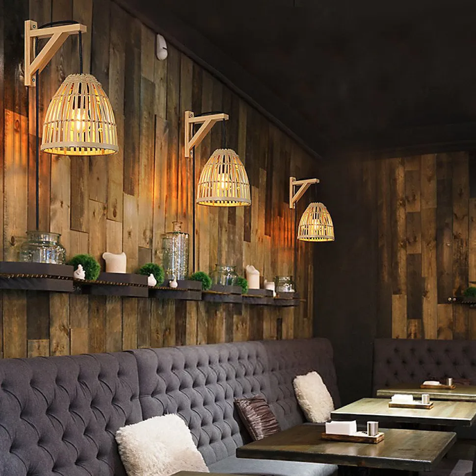 Applique murale Vintage Nordique avec Base en Bois Douille E27 avec câble prise et interrupteur en Bambou Osier.