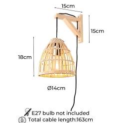 Applique murale Vintage Nordique avec Base en Bois Douille E27 avec câble prise et interrupteur en Bambou Osier.