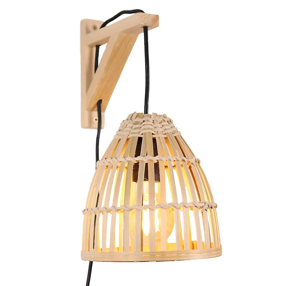 Applique murale Vintage Nordique avec Base en Bois Douille E27 avec câble prise et interrupteur en Bambou Osier.
