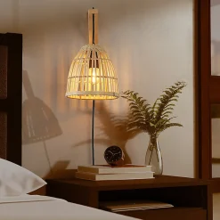 Applique murale Vintage Nordique avec Base en Bois Douille E27 avec câble prise et interrupteur en Bambou Osier.