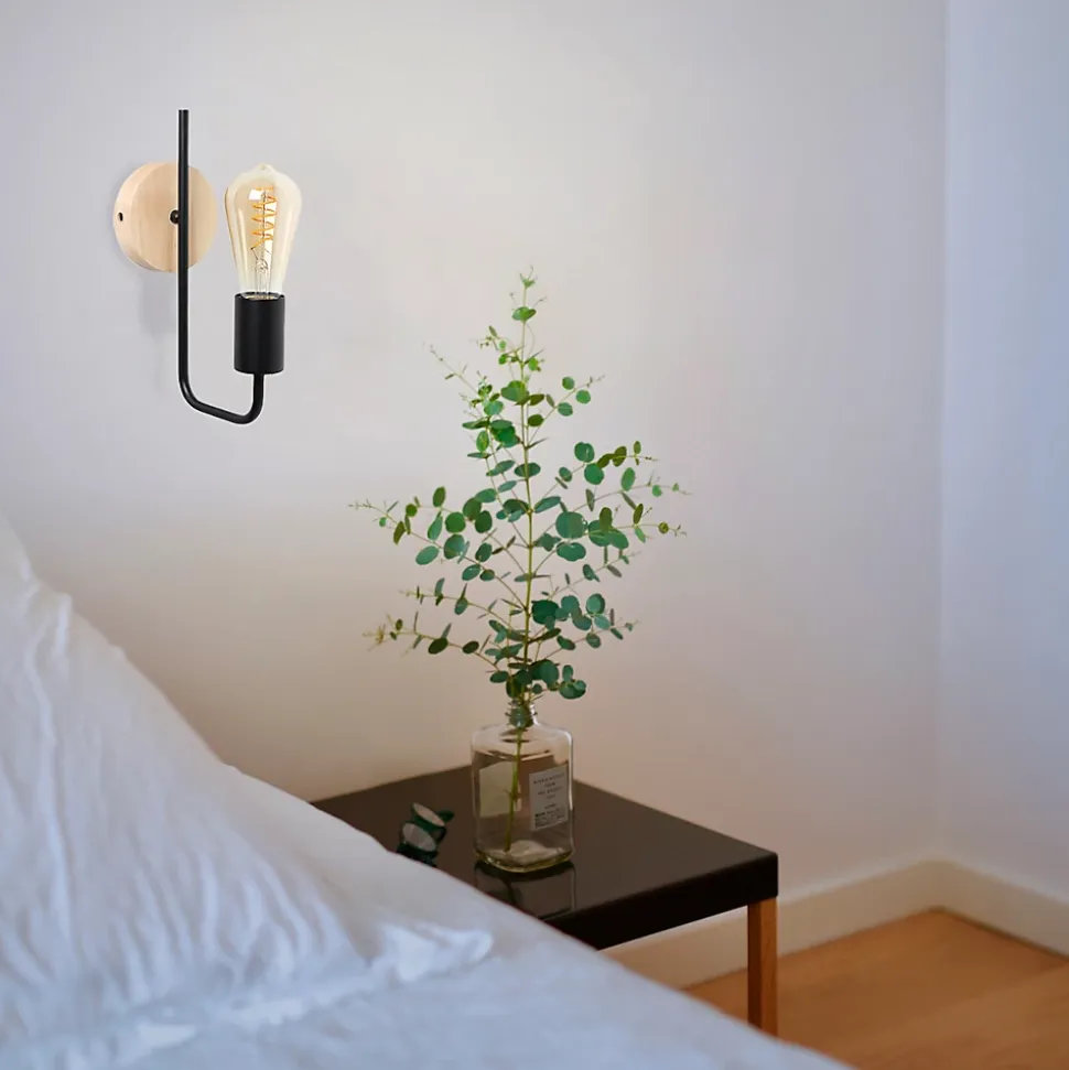Applique murale Vintage Nordique avec Base en Aluminium Noir et Bois pour Salon Salle à Manger et Couloir Douille E27