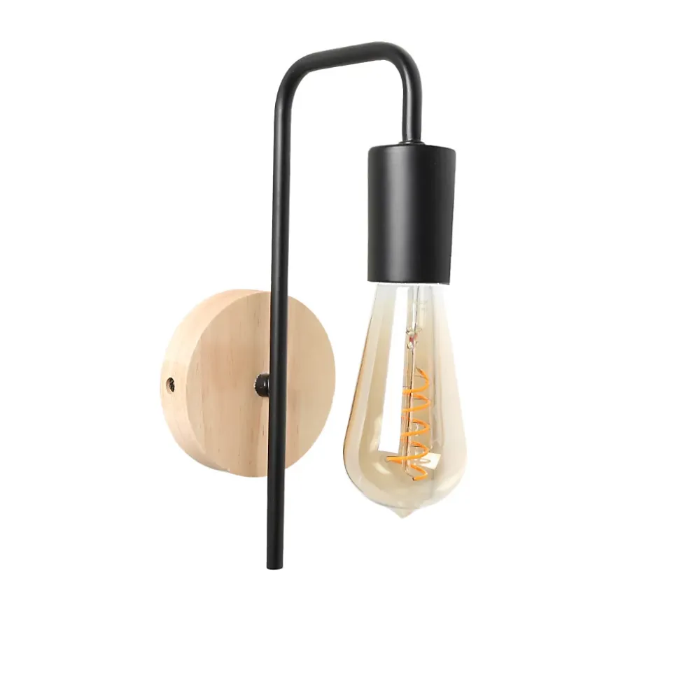 Applique murale Vintage Nordique avec Base en Aluminium Noir et Bois pour Salon Salle à Manger et Couloir Douille E27