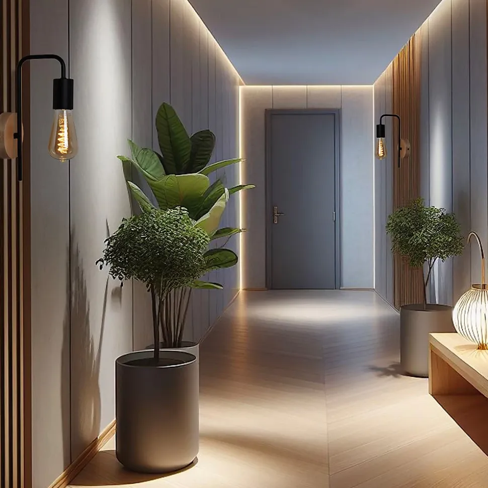 Applique murale Vintage Nordique avec Base en Aluminium Noir et Bois pour Salon Salle à Manger et Couloir Douille E27