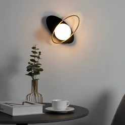 Applique noire et dorée double ovale et verre blanc - Mattina