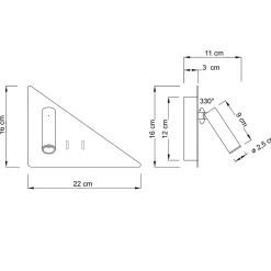 Applique noire triangle LED avec liseuse et angle droit à gauche - Elaris Type B