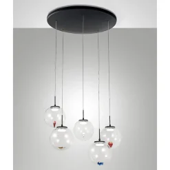 Ariel - Suspension circulaire 5 lumières avec formes Fabas Luce - LED 35W dimmable - Rosace ronde transparente d.50cm