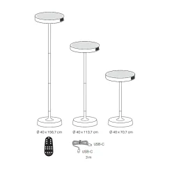 Barbell Solar RF - Lampadaire LED solaire rechargeable 65W - Lampadaire d'extérieur, 3 hauteurs, 156-113-70 cm, noir