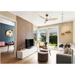 Bolt laiton , Ventilateur déstratificateur d'air, pales bois laquées clair 132 Cm, moteur laiton sans lumière .