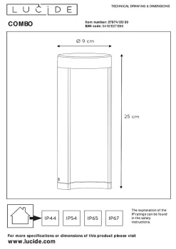 Borne extérieur COMBO en aluminium avec LED intégré - Noir - Lucide