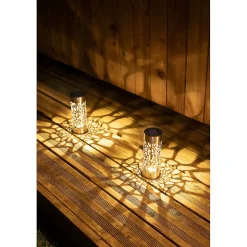 Borne solaire en inox ajourée- Hauteur 28 cm- Diamètre 6,9cm- à planter ou poser, lumière blanc chaud- 4 Lumens