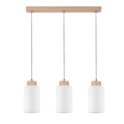 Bosco Lampe Suspendue 3xE27 Max.60W Bois de Bouleau&Verre Blanc et Câble PVC Transparent