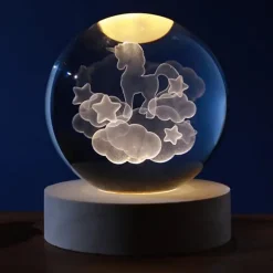 Boule de verre 3D avec LED RGB I-Total XL2723 effet au plafond, veilleuse, lampe de nuit avec base en bois, thème Unicorn