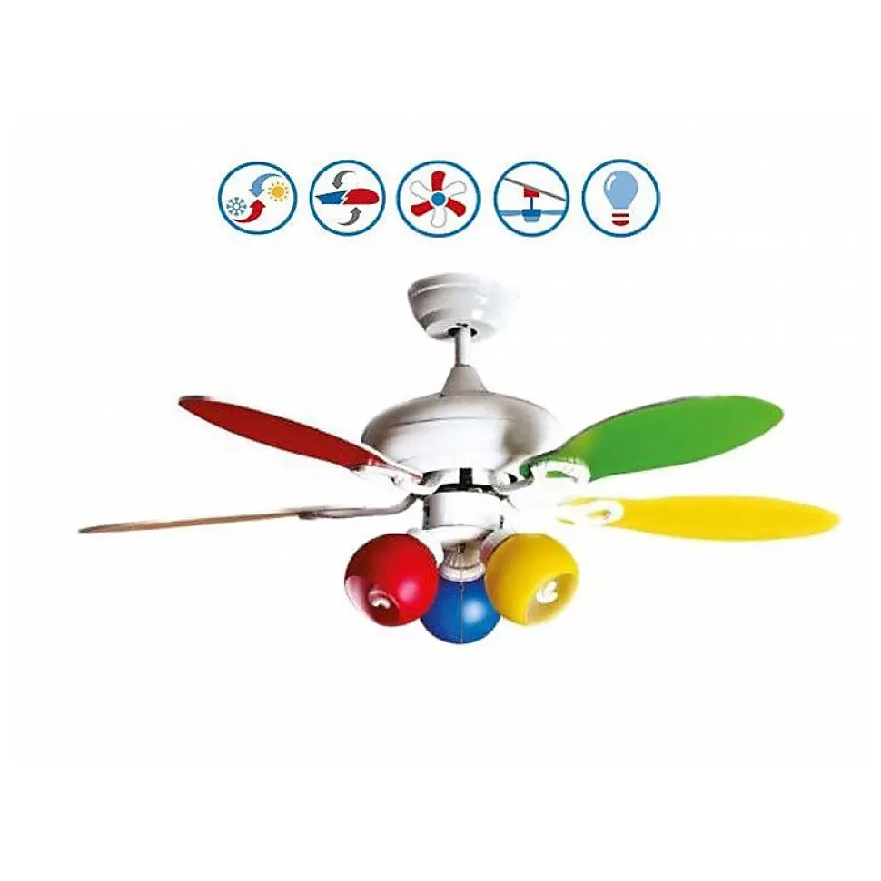 Colore de Purline By KlassFan un ventilateur de plafond avec point lumineux réversible pales bi faces blanches ou multicolore.