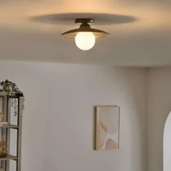 Eclairage moderne en bois de noyer et verre blanc - Thalan