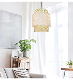 Eclairage plafond design Quito 160cm réglable rotin et tissu blanc compatible LED