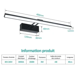 EMKE Applique murale LED pour salle de bain, 40 x 20 cm, 6500 K, noir