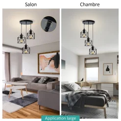 EMKE Lampe à suspension vintage à 3 ampoules, Plafonnier rétro avec abat-jour en métal, douilles noires E27