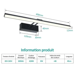 EMKE Lampe miroir LED pour salle de bain, 40 x 20 cm, rotation, éclairage armoire de salle de bain, 4200K, noir