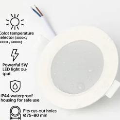Ensemble de 10 spots LED encastrés ronds, 5W, indice de protection IP44, température de couleur réglable, blanc.