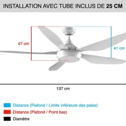 Fanelite - Ventilateur de plafond 137 cm blanc ABACO - Moteur DC 35W - LED 20W dimmable 3 couleurs - Wifi & Contrôles vocaux