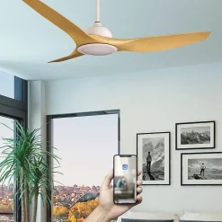 Fanelite - Ventilateur de plafond 132 cm blanc et ABS imitation bois LONGANA - Moteur DC 35W - LED 20W 3 couleurs + LED SUPERIEURE