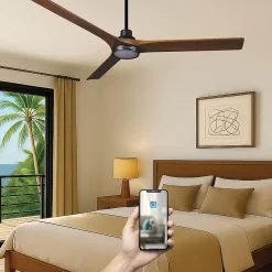 Fanelite - Ventilateur de plafond 142 cm noir et bois INAGUA - Moteur DC 35W - LED 20W dimmable 3 couleurs - Wifi - Silencieux