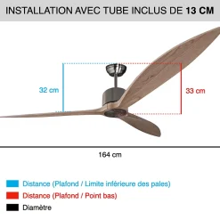 Fanelite - Ventilateur de plafond 164 cm gris et bois NEBA - Moteur DC 38W - Télécommande - Wifi - Très silencieux