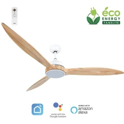 Fanelite - Ventilateur de plafond 164 cm blanc et bois ZENA - Moteur DC 35W - LED 20W dimmable 3 couleurs - Wifi &Contrôles vocaux
