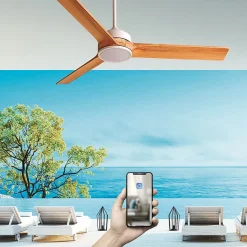 Fanelite - Ventilateur de plafond 132 cm blanc et bois BALABIO - Moteur DC 36W - LED 20W dimmable 3 couleurs + LED SUPERIEURE 2W