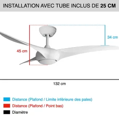 Fanelite - Ventilateur de plafond 132 cm blanc SAONA - Moteur DC 38W - LED 20W dimmable 3 couleurs - Wifi - Contrôles vocaux