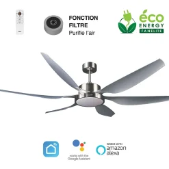 Fanelite - Ventilateur de plafond 168 cm gris HUAHINE - Moteur DC 55W - LED 22W 3 couleurs - Silence + PURIFICATEUR D'AIR INCLUS