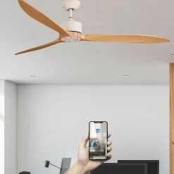 Fanelite - Ventilateur de plafond 164 cm blanc et bois GUANA - Moteur DC 35W - Télécommande - Wifi - Très silencieux