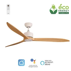 Fanelite - Ventilateur de plafond 164 cm blanc et bois GUANA - Moteur DC 35W - Télécommande - Wifi - Très silencieux