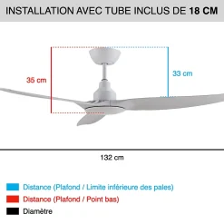 Fanelite - Ventilateur de plafond 132 cm blanc FANDC52N - Moteur DC 18W - 3 pales - SANS LUMIÈRE - Silencieux