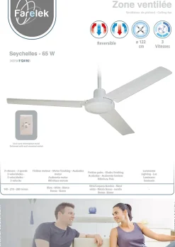FARELEK - SEYCHELLES O 122 cm - Ventilateur de plafond reversible - 3 pales metal laquees blanc - 112416