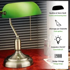 FISHTEC - Lampe de Banquier Verte - Culot E27 - Interrupteur Chaînette 38 CM